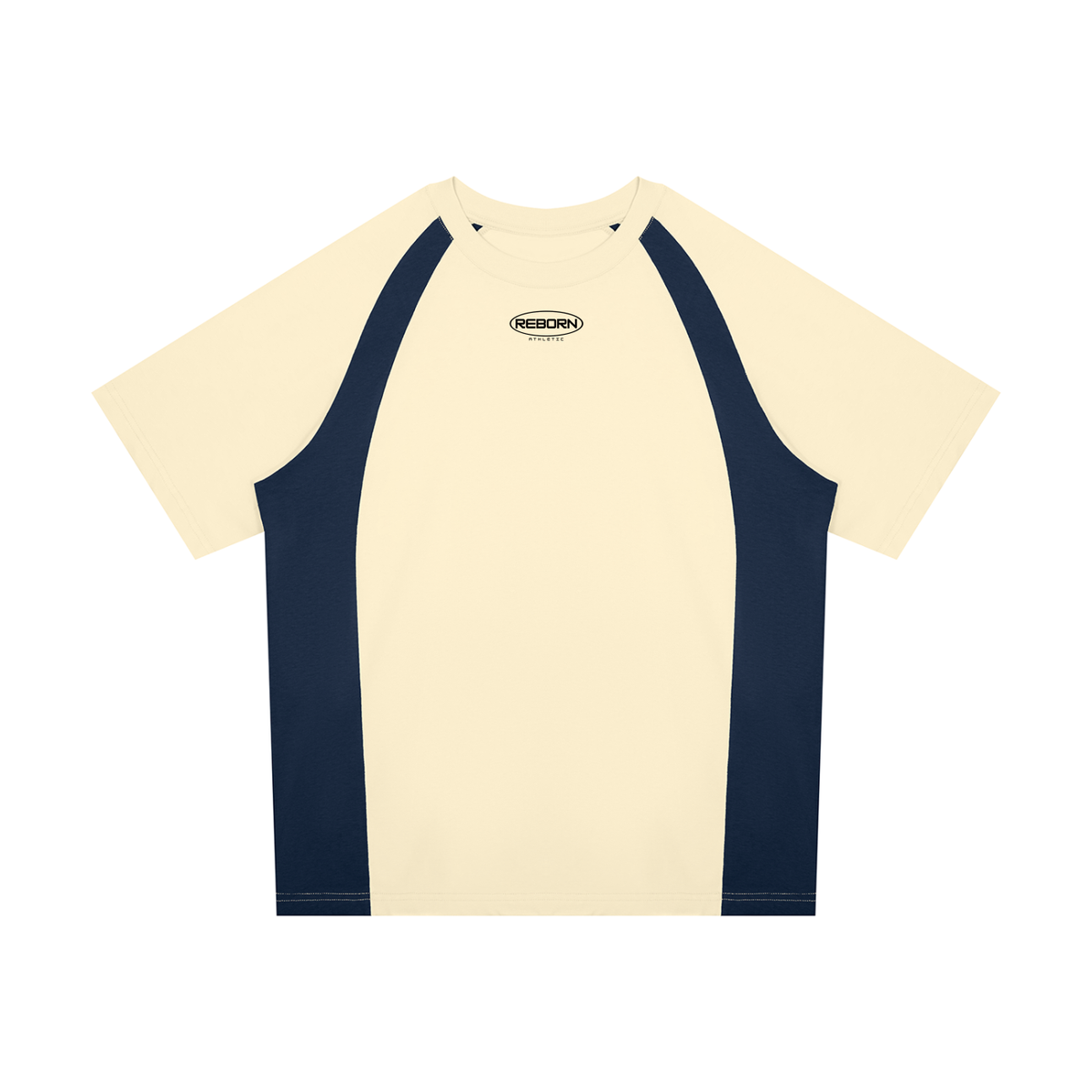 Raglan Colour Block Tee in apricot with navy blue side panels, front view with small Reborn chest logo