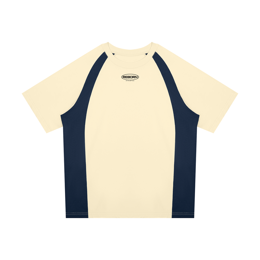 Raglan Colour Block Tee in apricot with navy blue side panels, front view with small Reborn chest logo