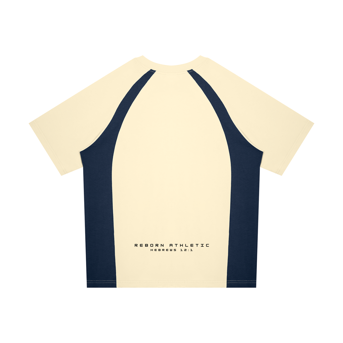 Raglan Colour Block Tee in apricot with navy blue side panels, back view with small Reborn Athletic text