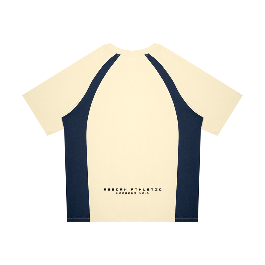 Raglan Colour Block Tee in apricot with navy blue side panels, back view with small Reborn Athletic text