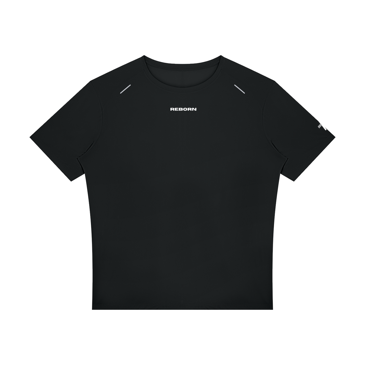 Raglan Reflective Tee in black, front view with small Reborn chest logo and reflective trims