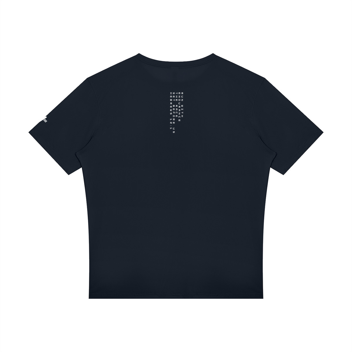 Raglan Reflective Tee in navy blue, back view with small print below the collar