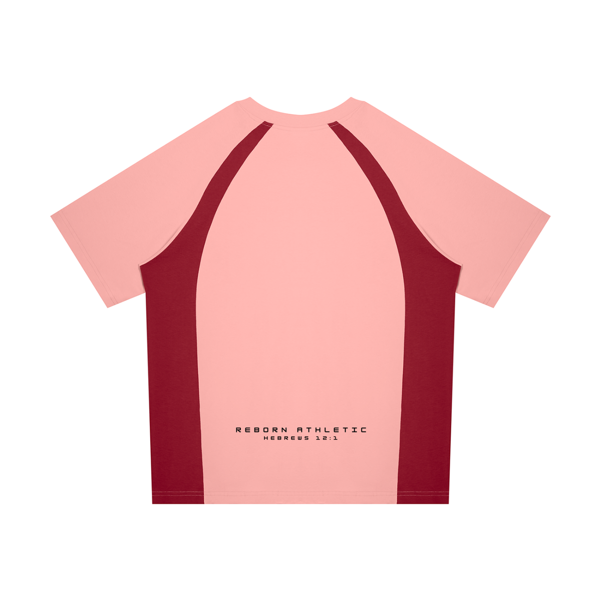 Raglan Colour Block Tee in pink with wine red side panels, back view with small Reborn Athletic text