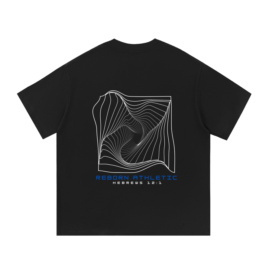 Essential Tee V5 oversized t-shirt in black, back view with large abstract line-art graphic
