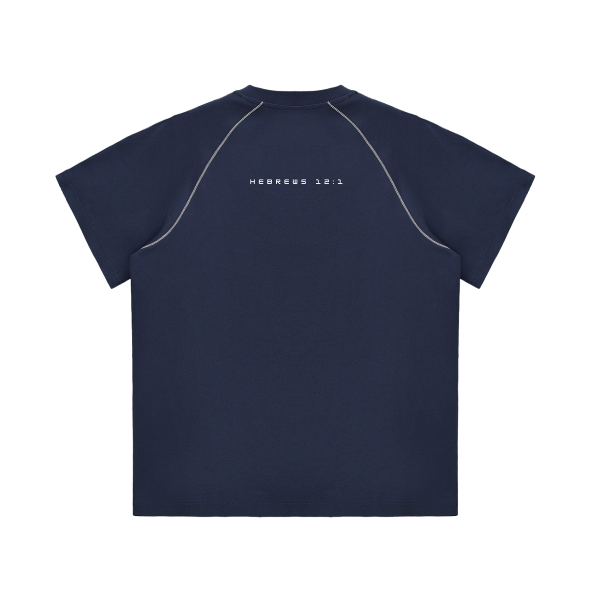 Striped Contrast Stitch Tee in royal blue, back view with contrast stitching