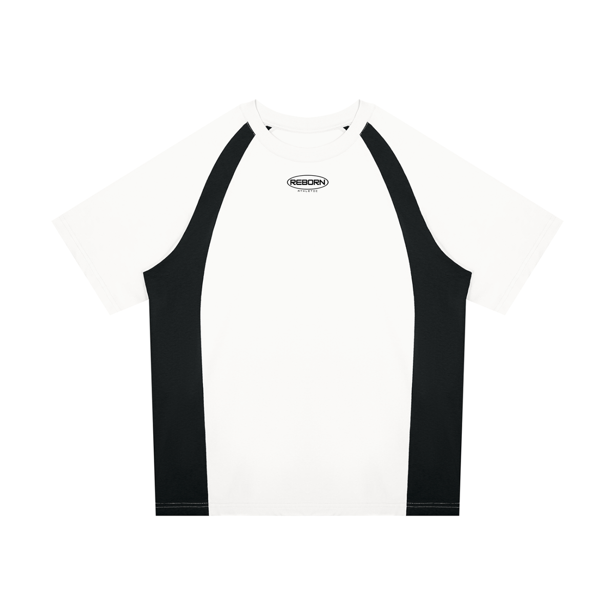 Raglan Colour Block Tee in white with black side panels, front view with small Reborn chest logo