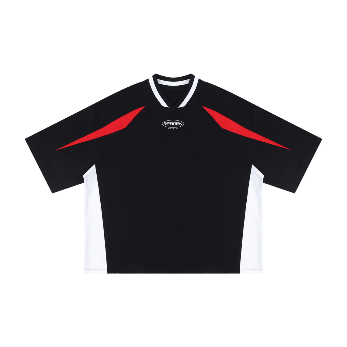 Oversized Colour Block Tee in black, front view with red and white shoulder panels and small chest badge