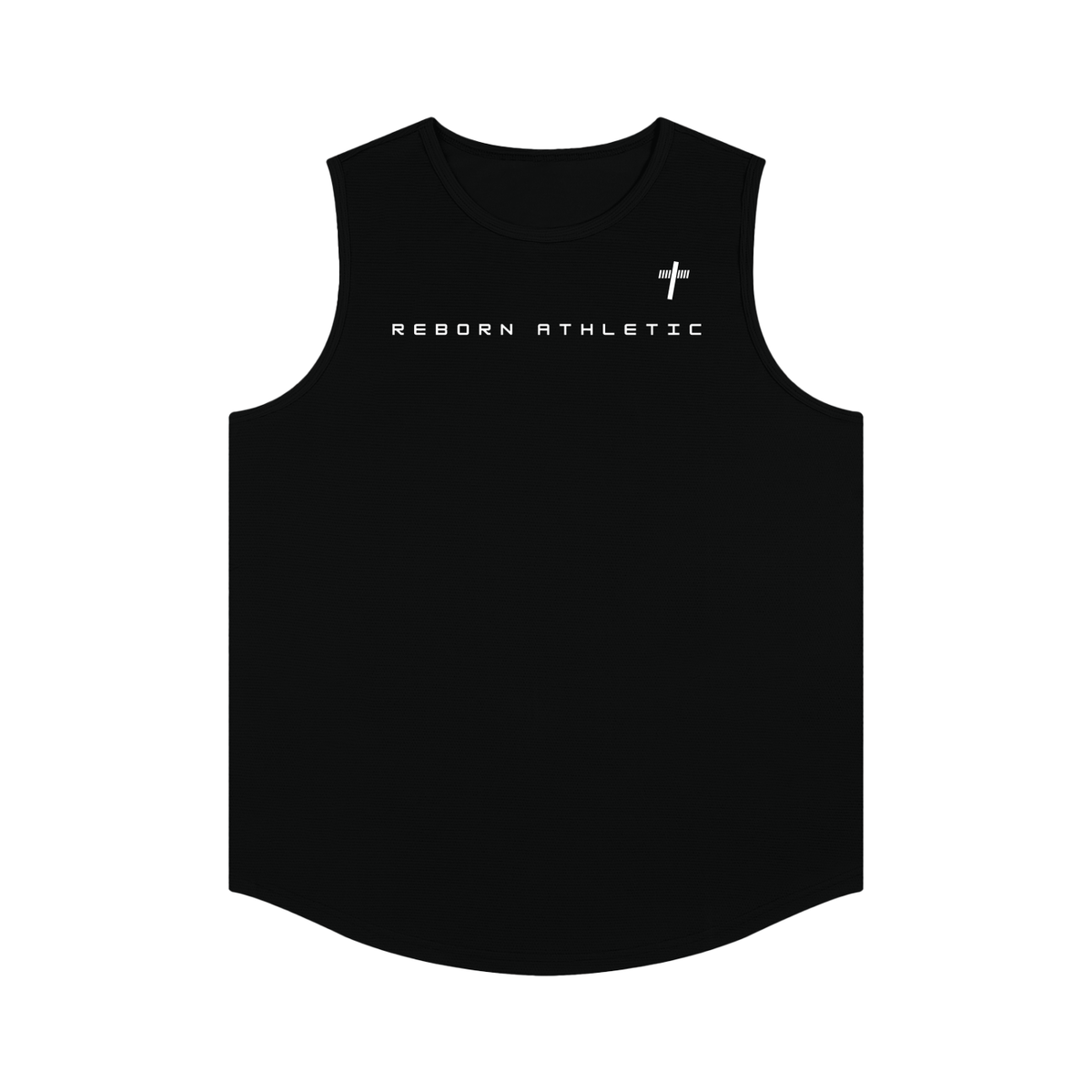 Lightweight Sports Tank in black, front view with Reborn Athletic chest print