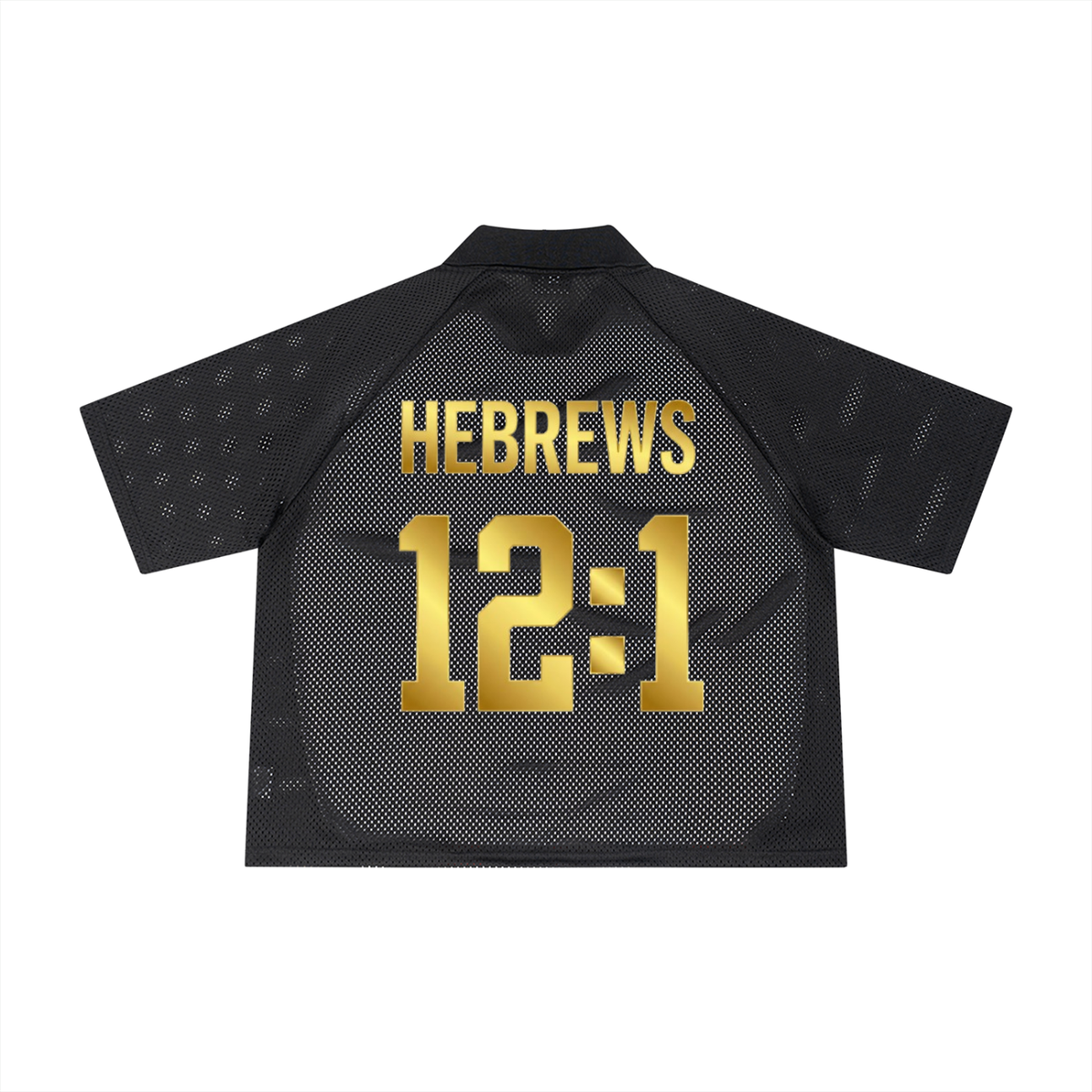 Vintage Mesh Football Jersey in black with red, back view with gold Hebrews 12:1 print