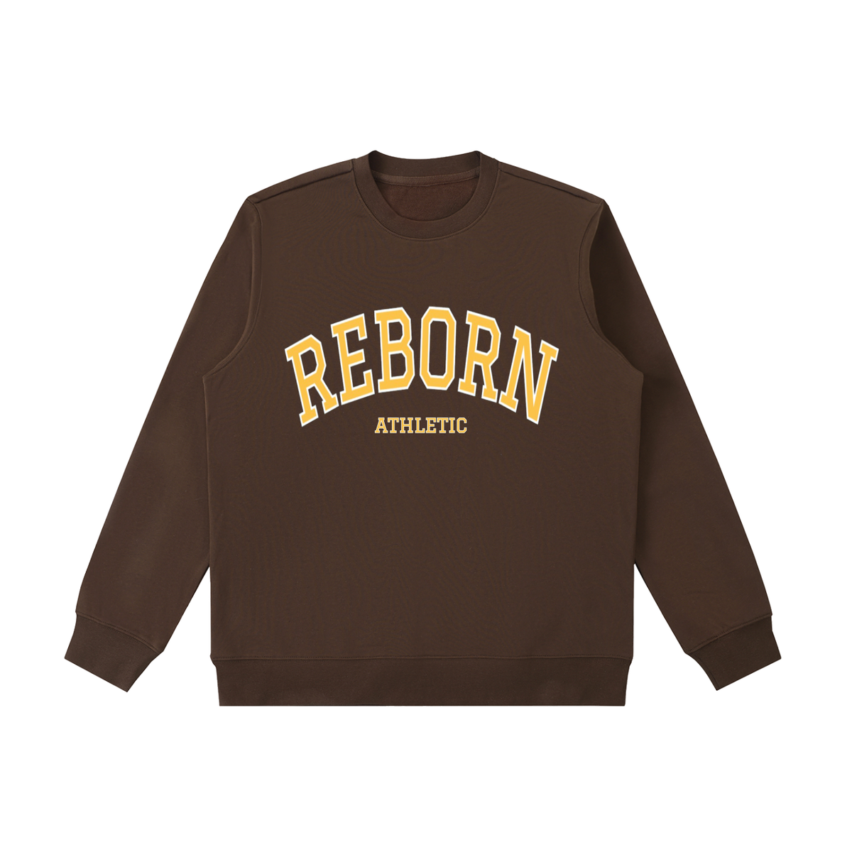 Essential Heavyweight Crewneck Sweatshirt in coffee, front view with varsity Reborn chest print