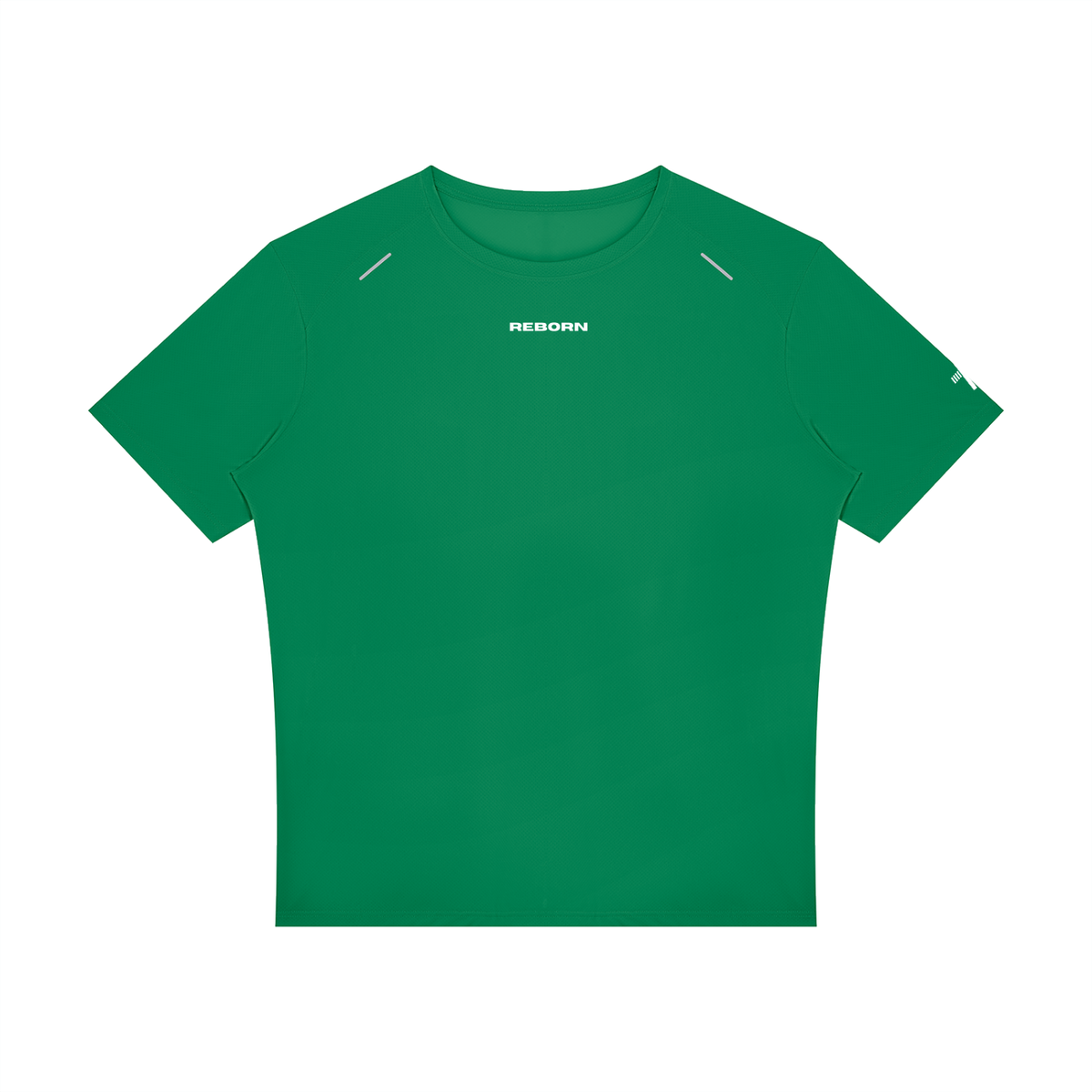 Raglan Reflective Tee in grass green, front view with small Reborn chest logo and reflective trims