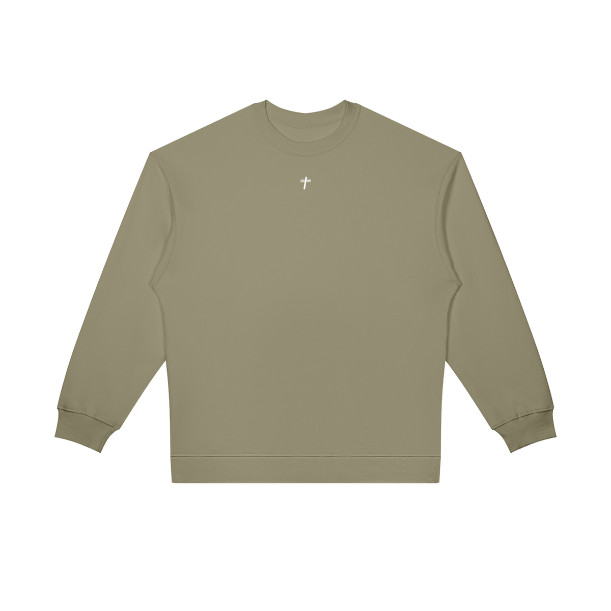 Oversized Crewneck Sweatshirt in grey green, front view with small Reborn chest logo