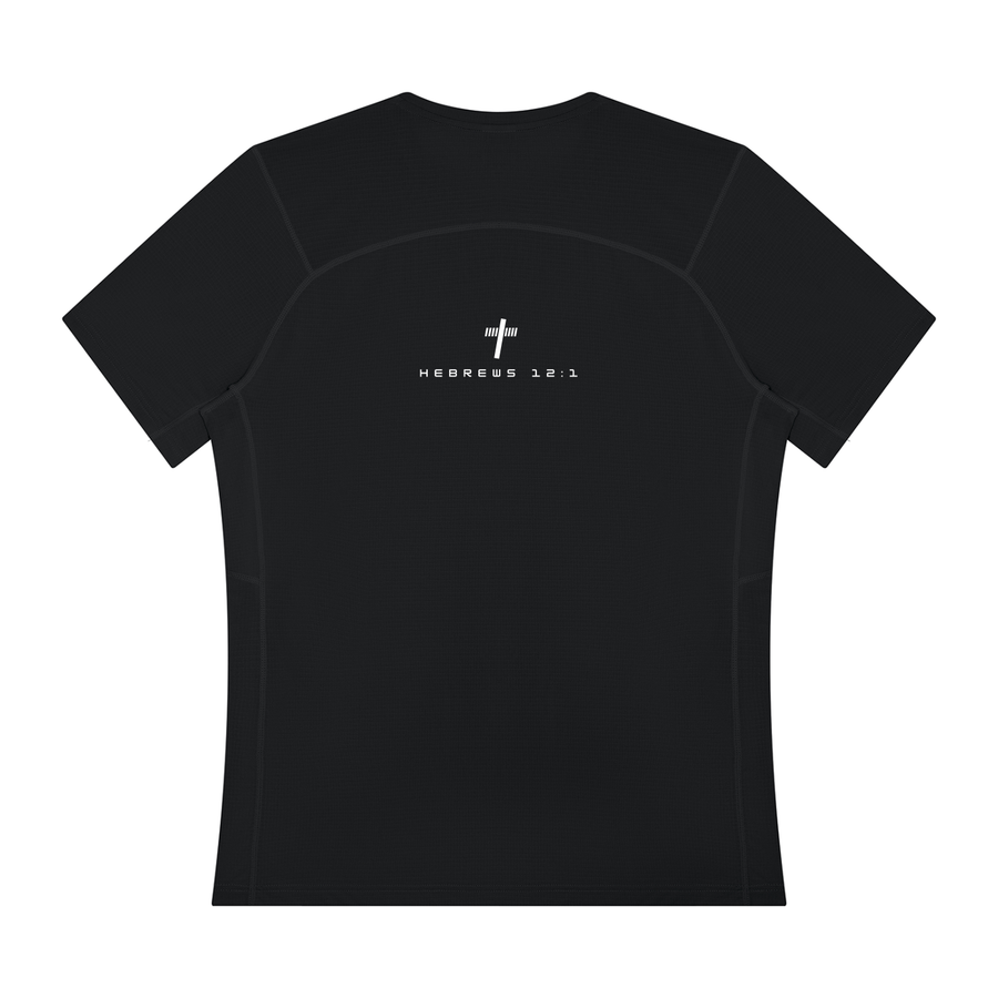 Hebrews 12:1 Performance Tee in black, back view with cross and Hebrews 12:1 print