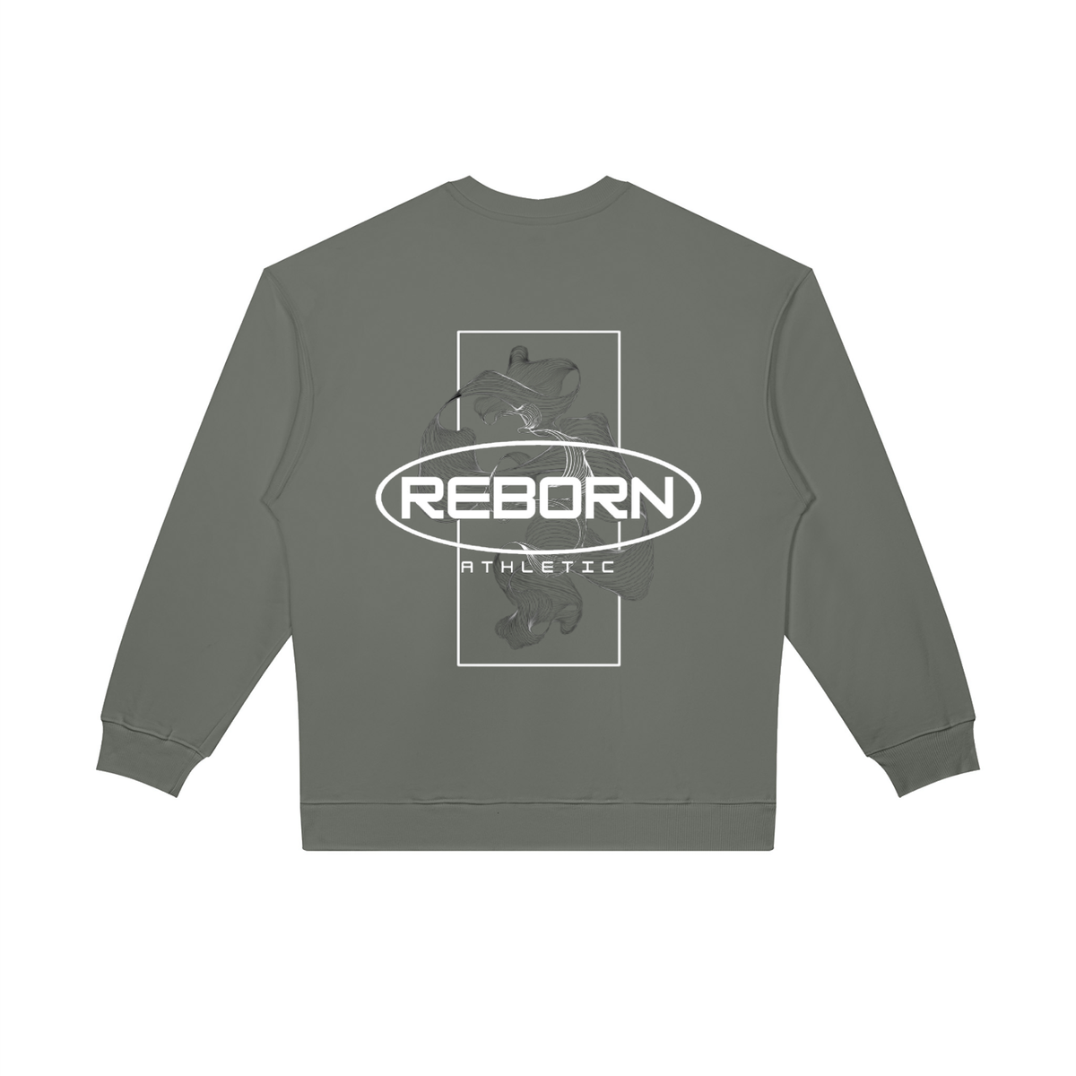 Oversized Crewneck Sweatshirt in grey, back view with large Reborn oval logo graphic