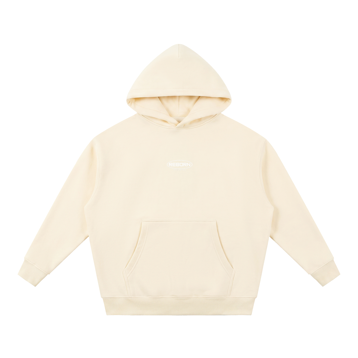 Essential Oversized Hoodie in apricot (cream), front view with small Reborn chest logo