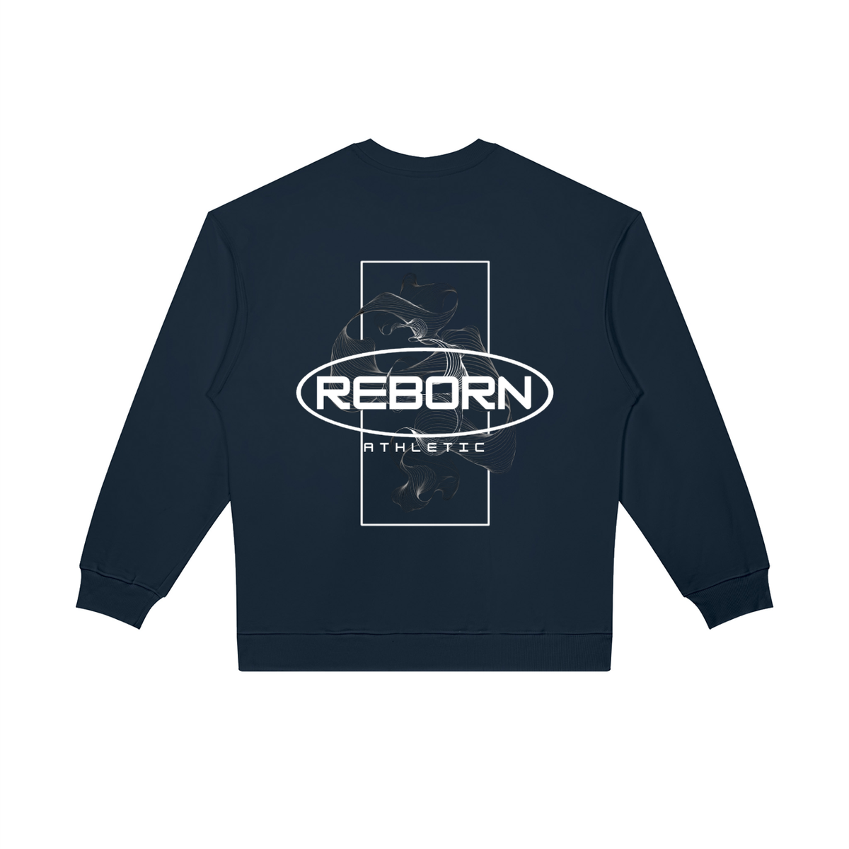 Oversized Crewneck Sweatshirt in navy blue, back view with large Reborn oval logo graphic
