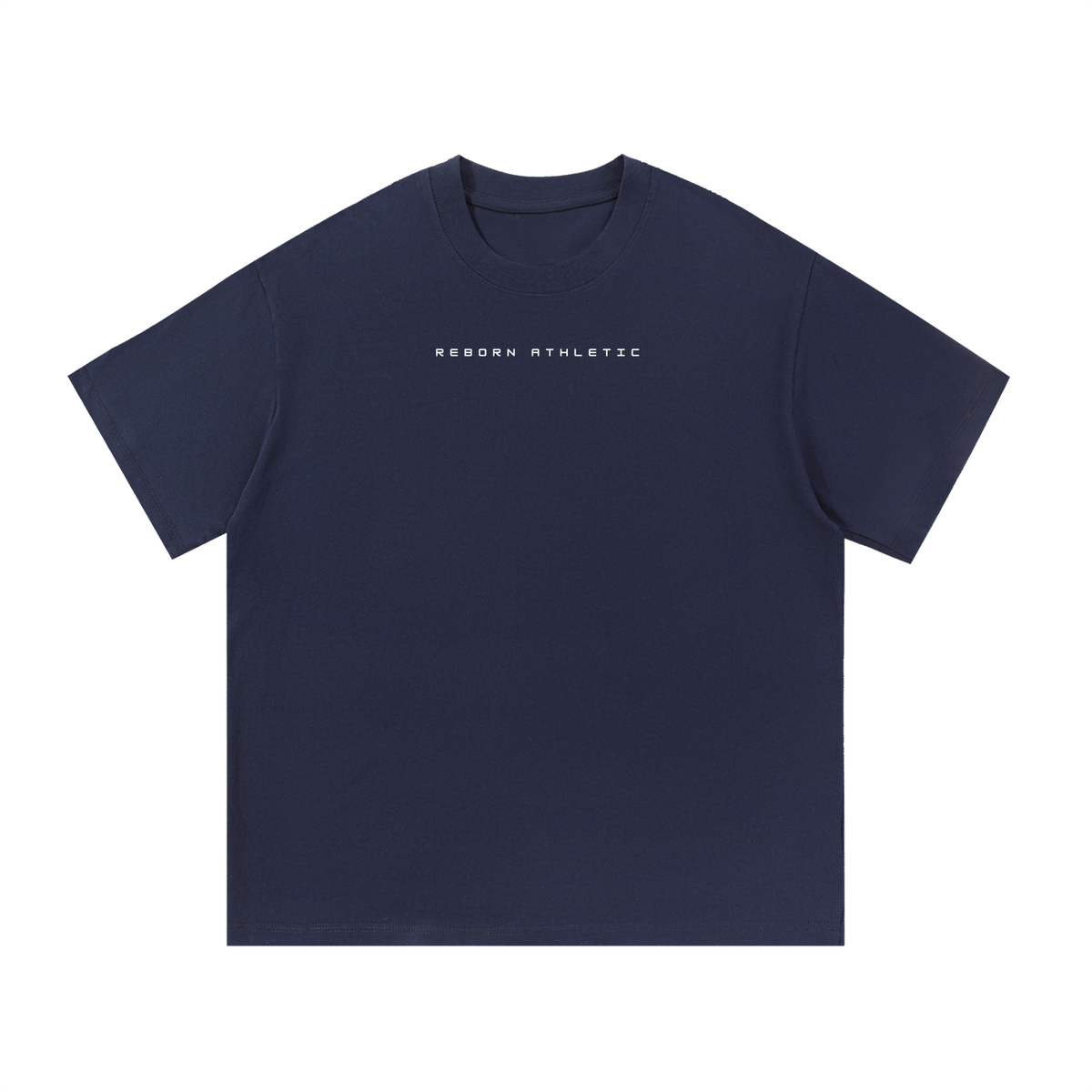 Essential Tee V2 oversized t-shirt in navy blue, front view with small Reborn Athletic chest text