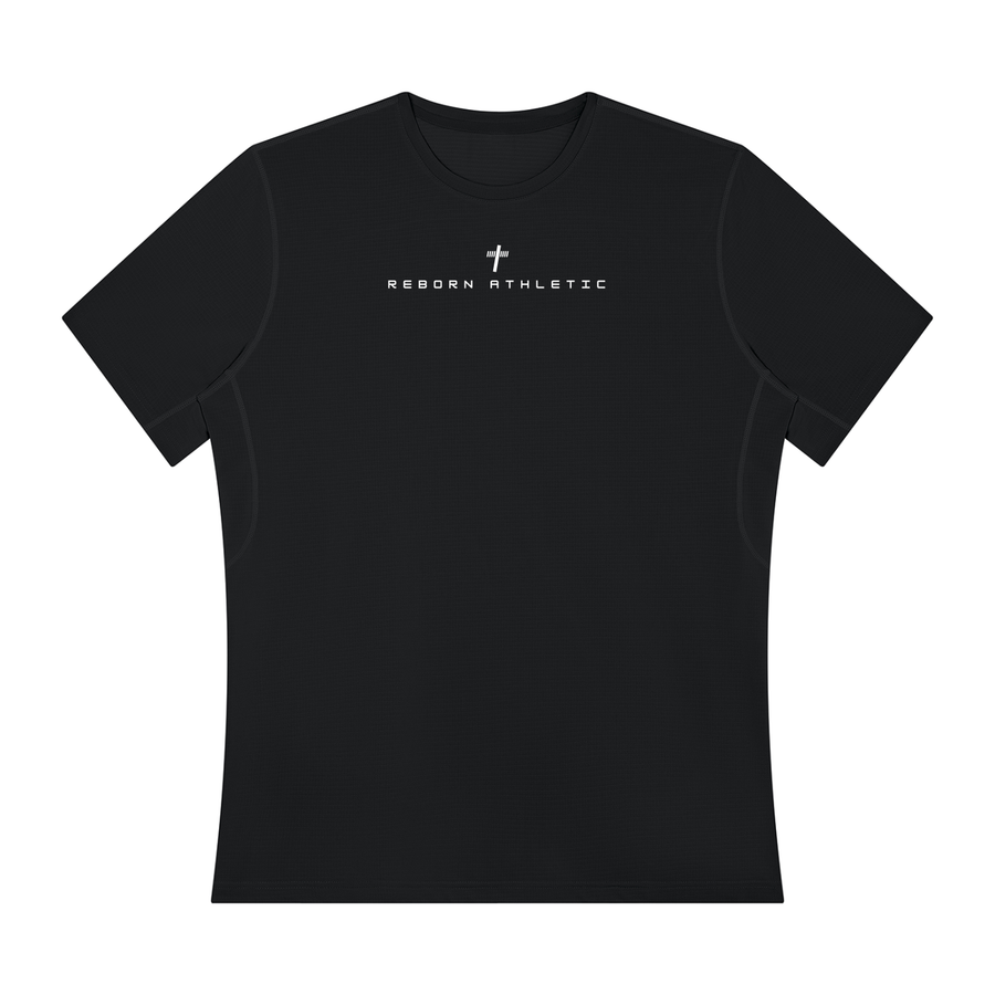 Hebrews 12:1 Performance Tee in black, front view with small cross and Reborn Athletic chest print