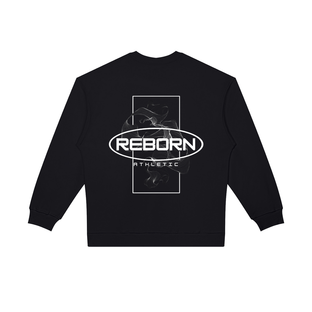 Oversized Crewneck Sweatshirt in black, back view with large Reborn oval logo graphic