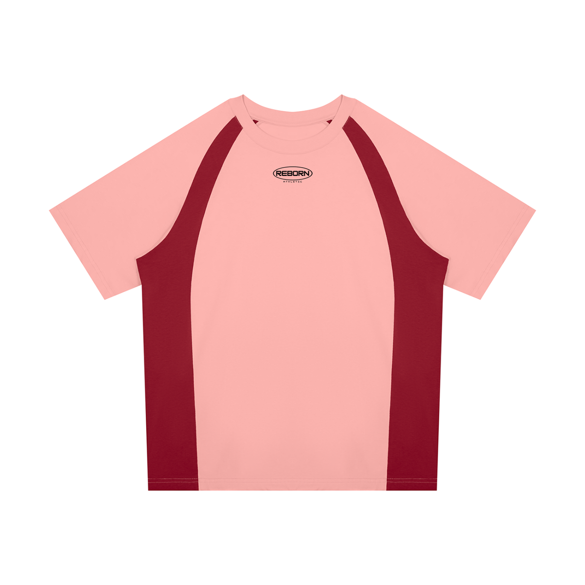Raglan Colour Block Tee in pink with wine red side panels, front view with small Reborn chest logo