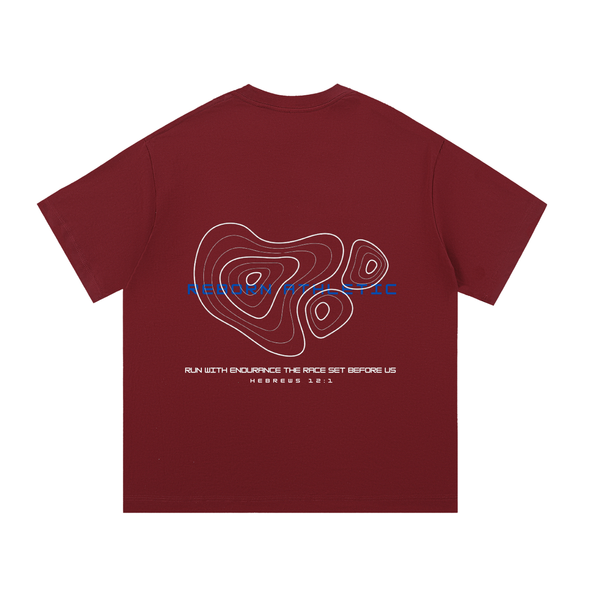Essential Tee V3 oversized t-shirt in wine red, back view with blue line-art V3 graphic