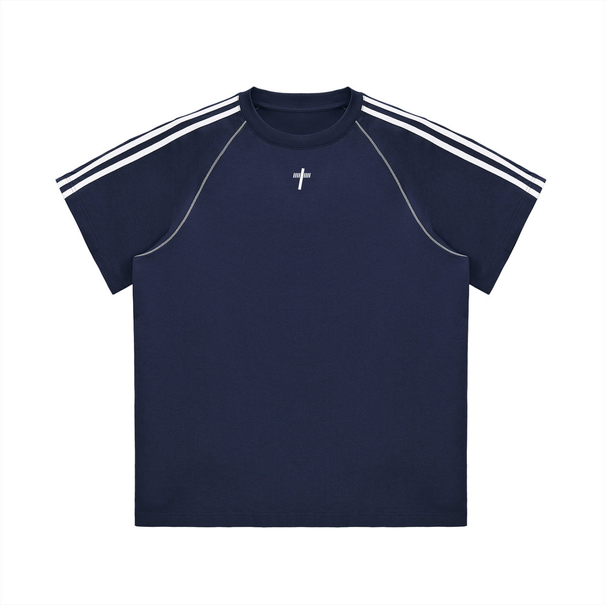 Striped Contrast Stitch Tee in royal blue, front view with striped shoulder tape and small cross logo