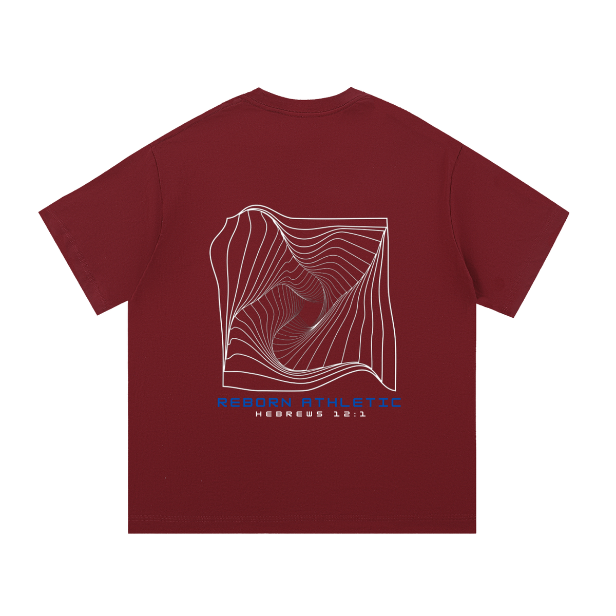 Essential Tee V5 oversized t-shirt in wine red, back view with large abstract line-art graphic