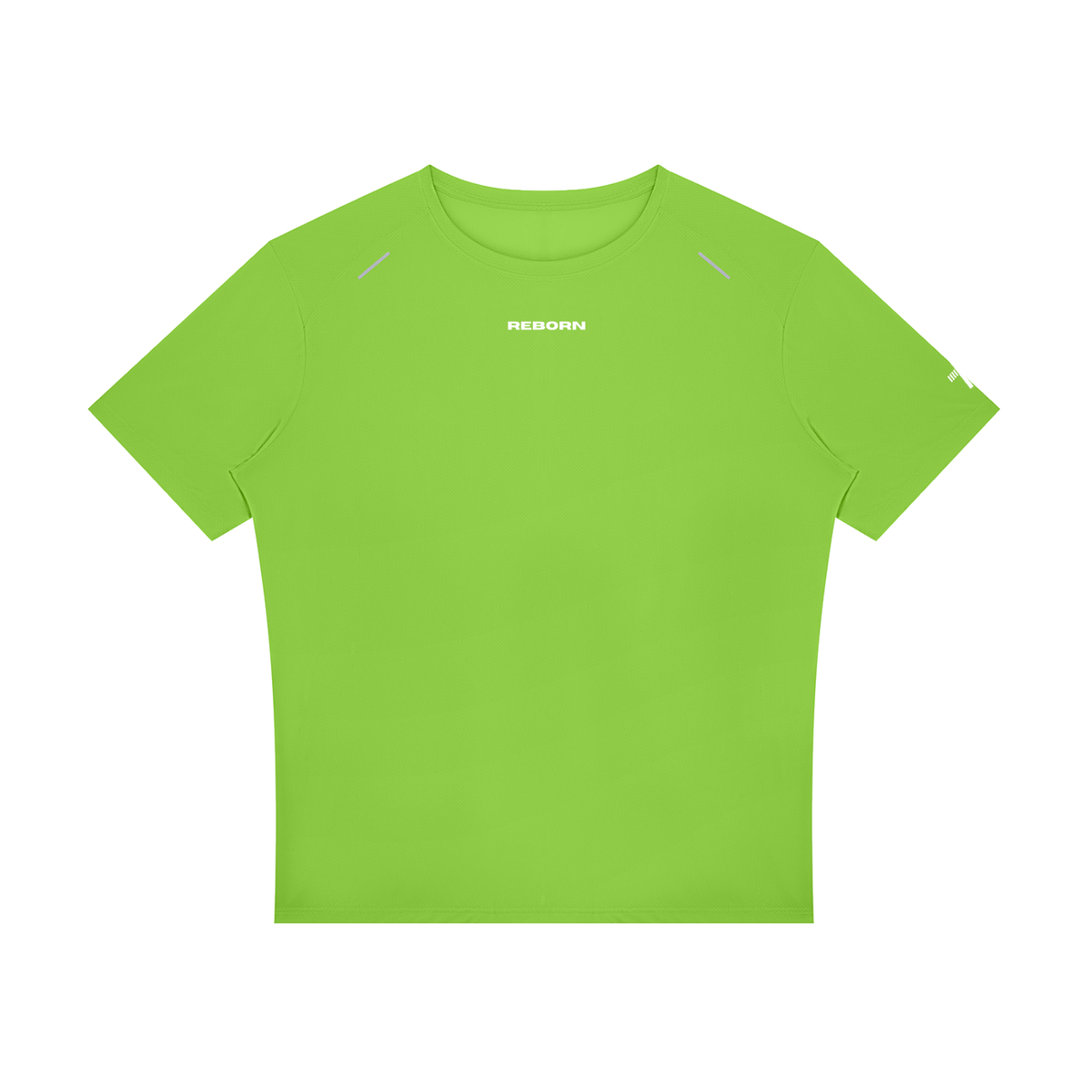 Raglan Reflective Tee in lime green, front view with small Reborn chest logo and reflective trims