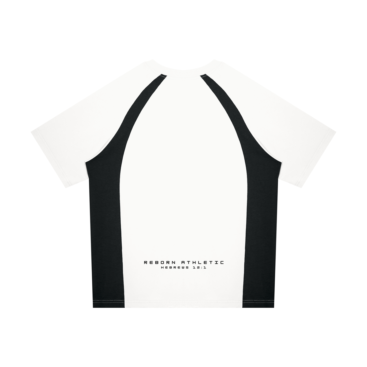 Raglan Colour Block Tee in white with black side panels, back view with small Reborn Athletic text
