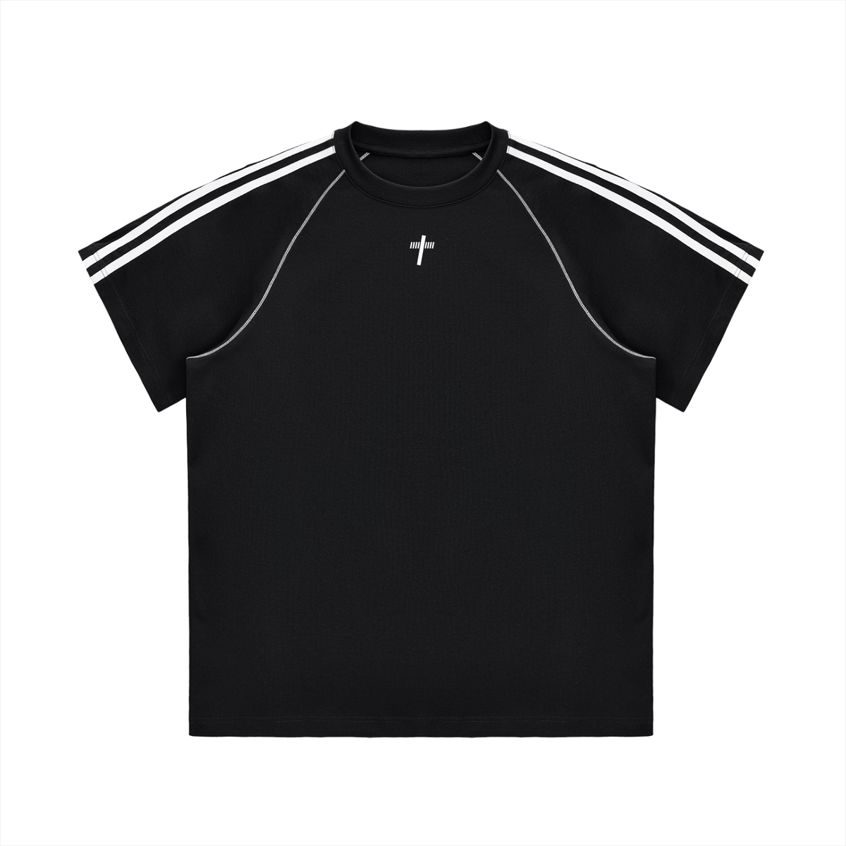 Striped Contrast Stitch Tee in black, front view with striped shoulder tape and small cross logo