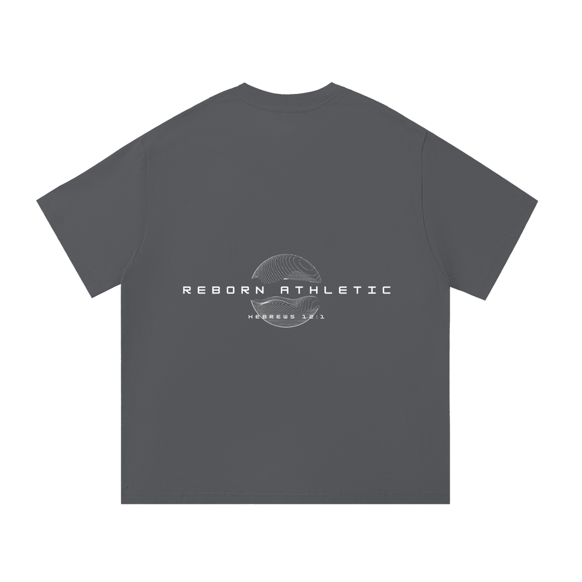 Essential Tee V4 oversized t-shirt in dark grey, back view with circular emblem and Reborn Athletic text