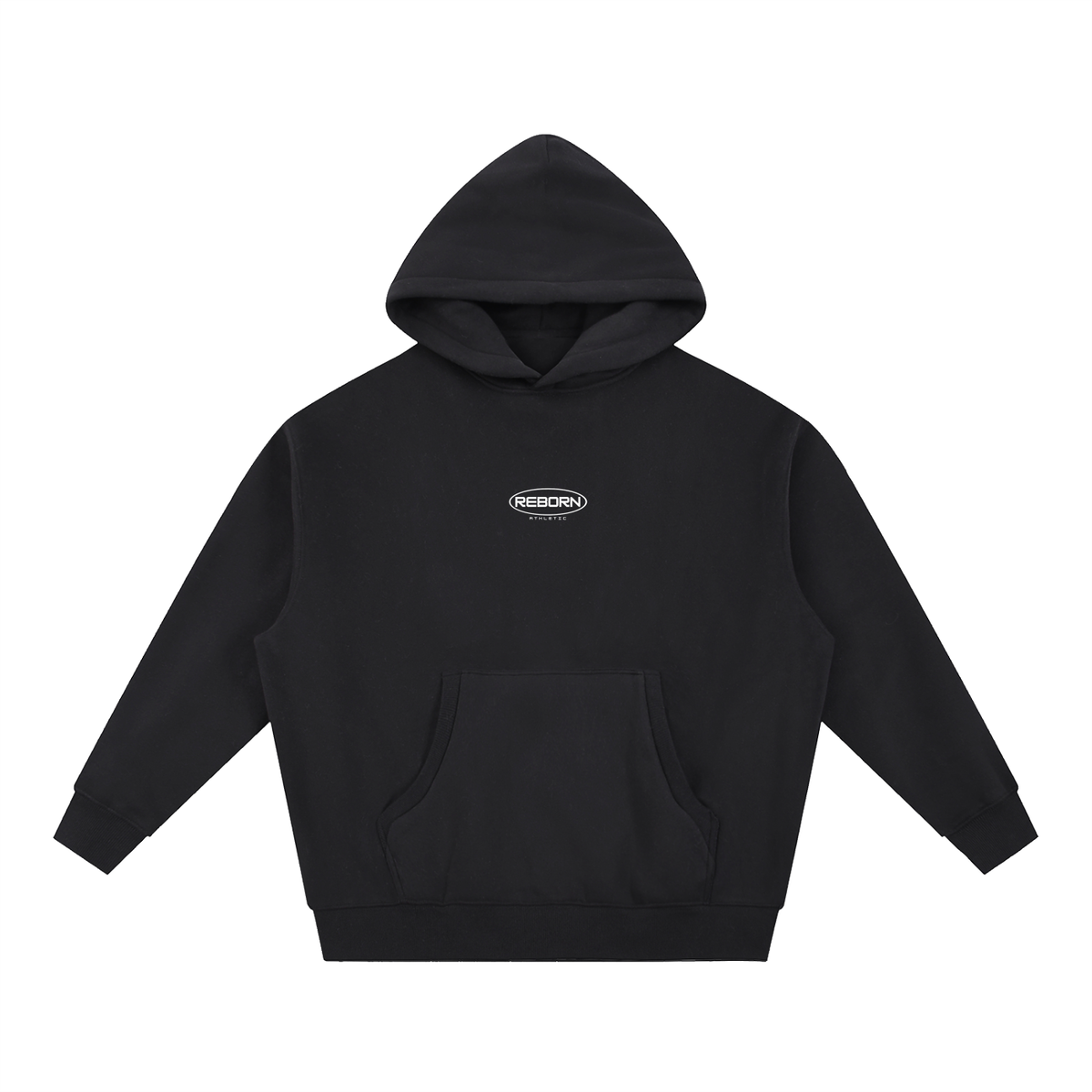 Essential Oversized Hoodie in black, front view with small Reborn chest logo