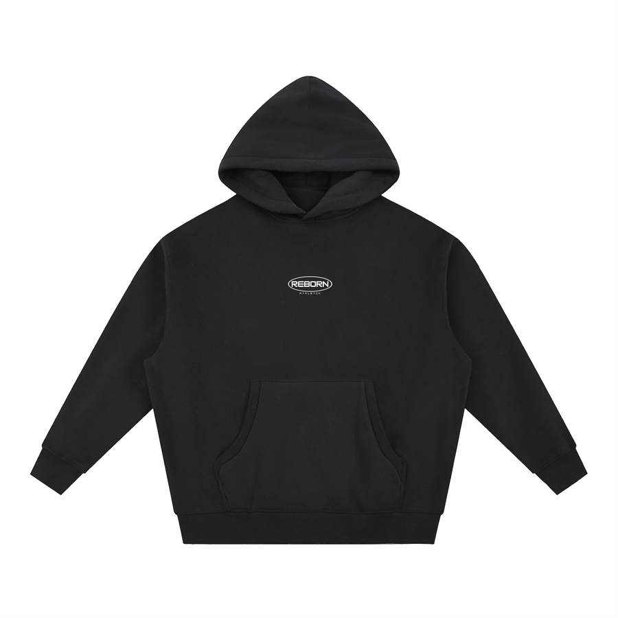Essential Oversized Hoodie in black, front view with small Reborn chest logo