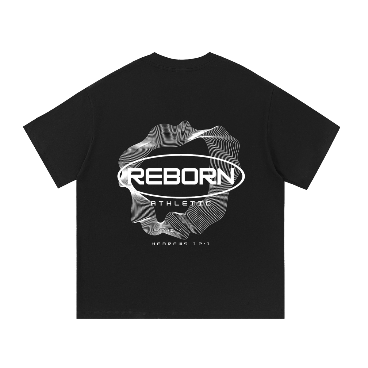 Essential Tee V2 oversized t-shirt in black, back view with large Reborn oval logo graphic