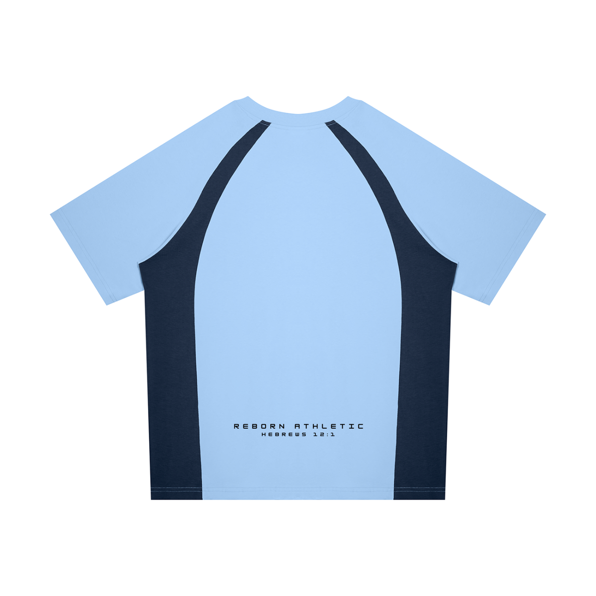 Raglan Colour Block Tee in light blue with navy blue side panels, back view with small Reborn Athletic text
