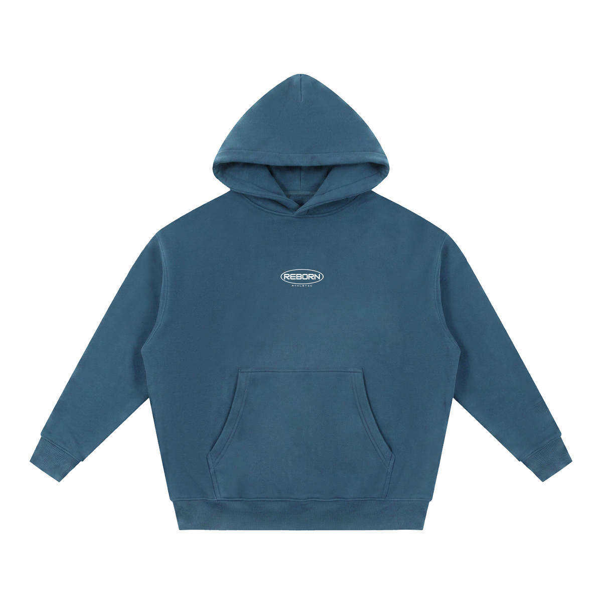 Essential Oversized Hoodie in haze blue, front view with small Reborn chest logo