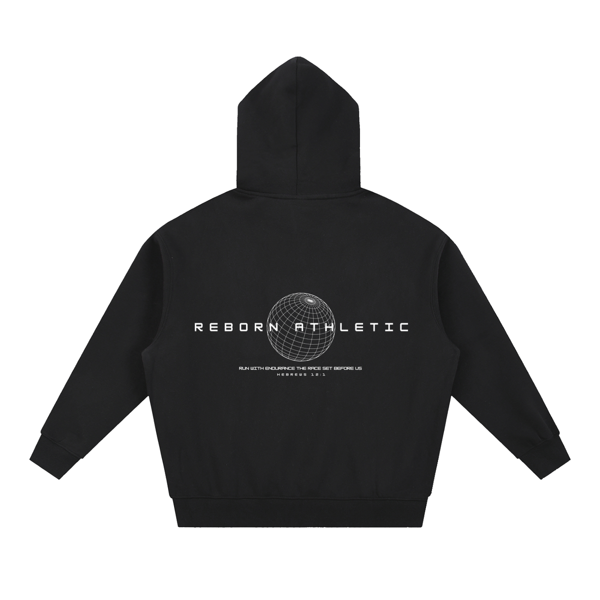 Essential Oversized Hoodie in black, back view with globe graphic, Reborn Athletic and Hebrews 12:1 print