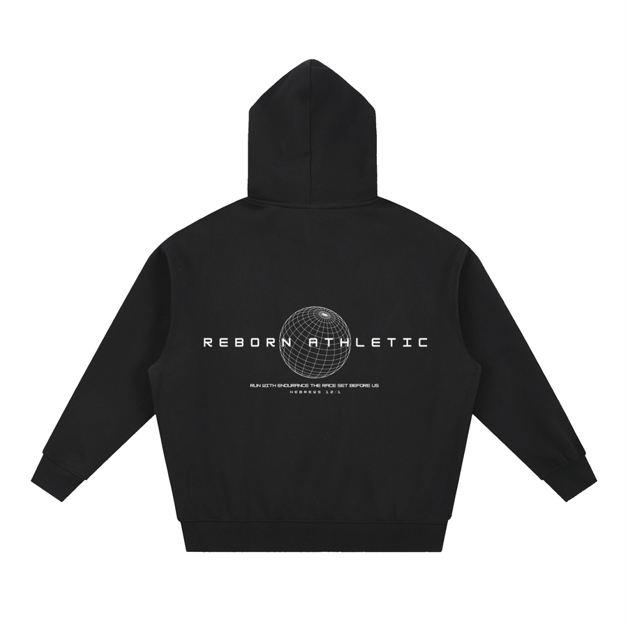Essential Oversized Hoodie in black, back view with globe graphic, Reborn Athletic and Hebrews 12:1 print