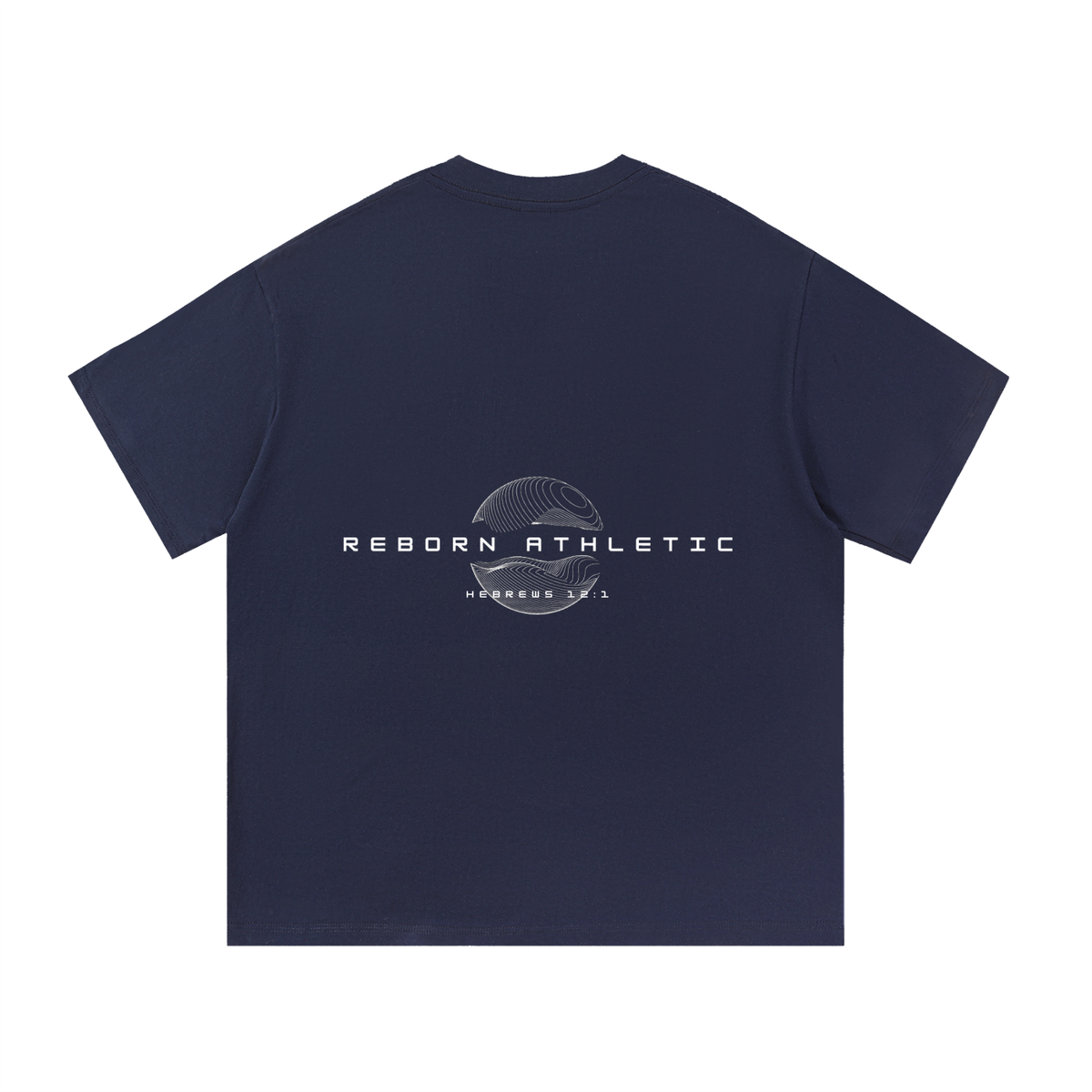 Essential Tee V4 oversized t-shirt in navy blue, back view with circular emblem and Reborn Athletic text