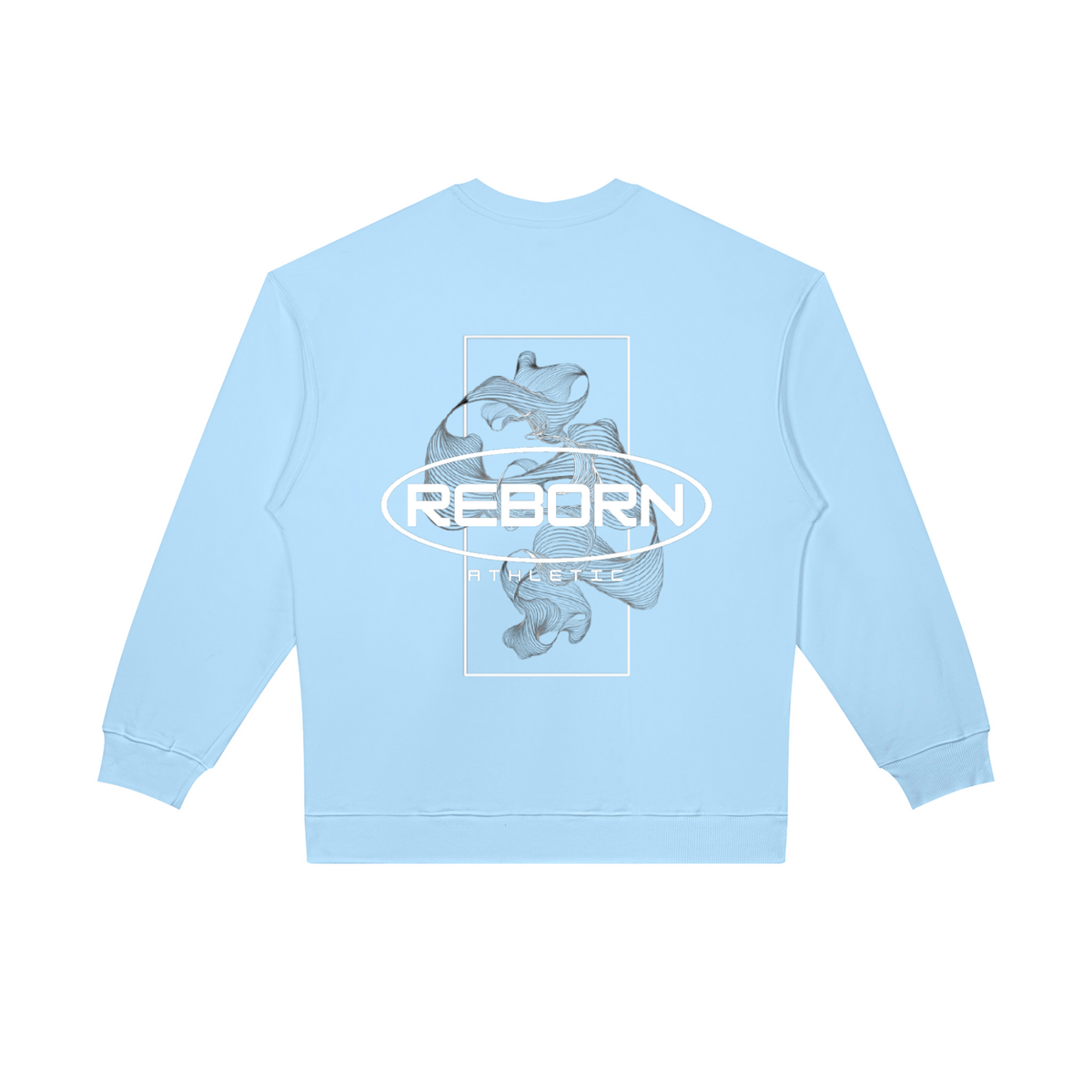 Oversized Crewneck Sweatshirt in light blue, back view with large Reborn oval logo graphic