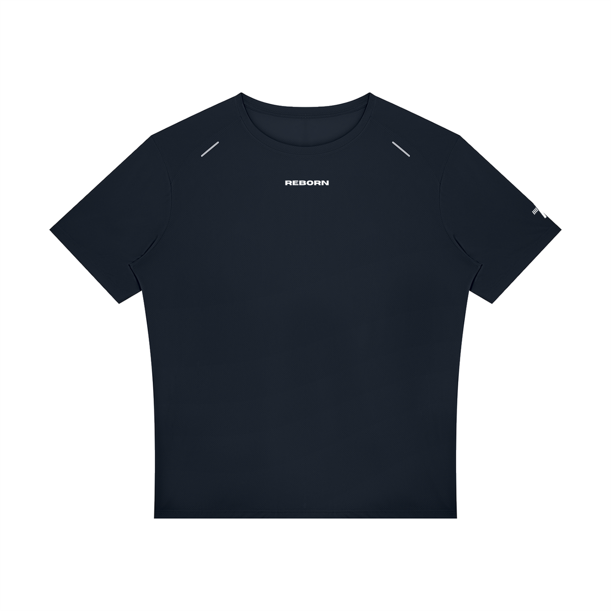 Raglan Reflective Tee in navy blue, front view with small Reborn chest logo and reflective trims