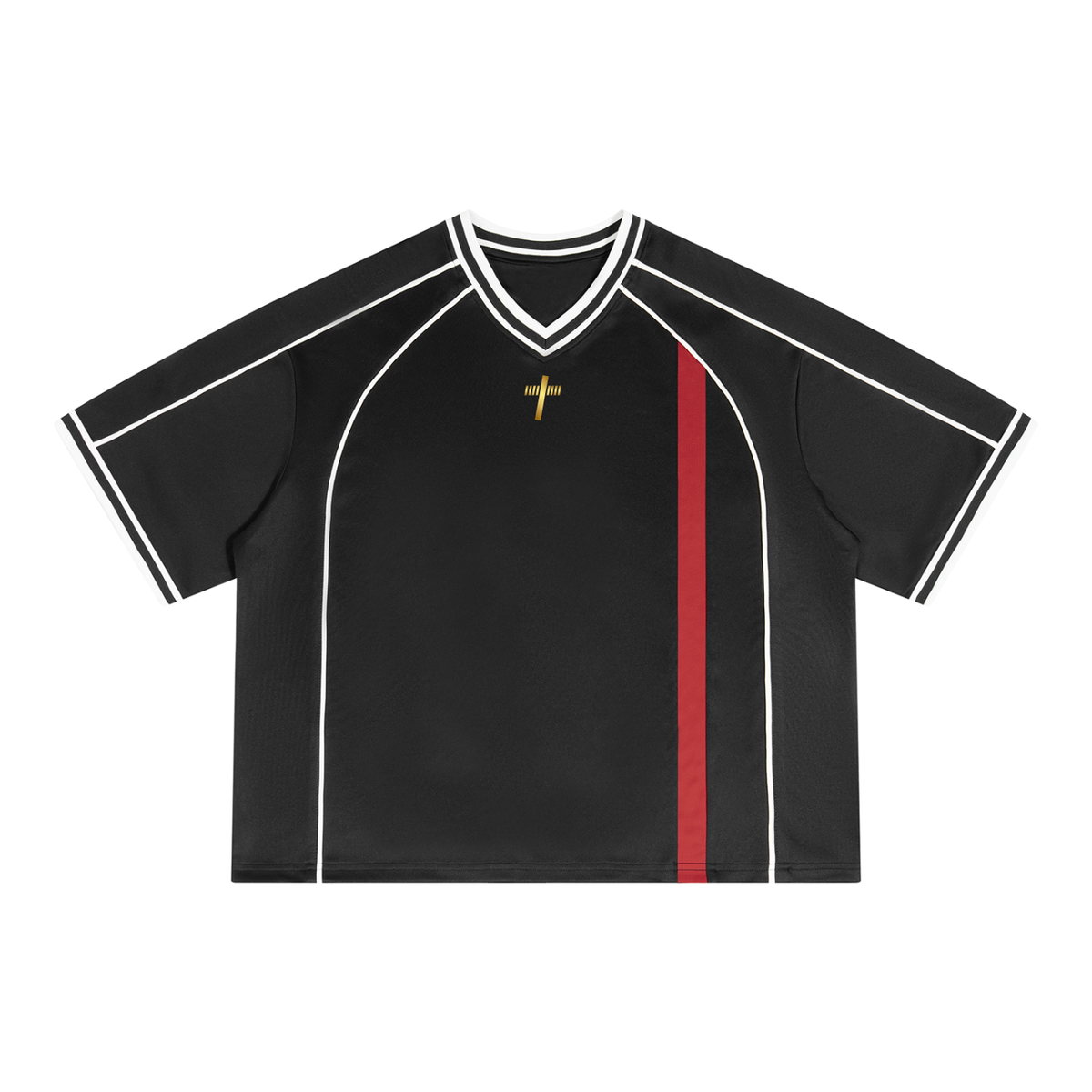 Vintage V-Neck Football Jersey in black with red, front view with contrast piping and stripe