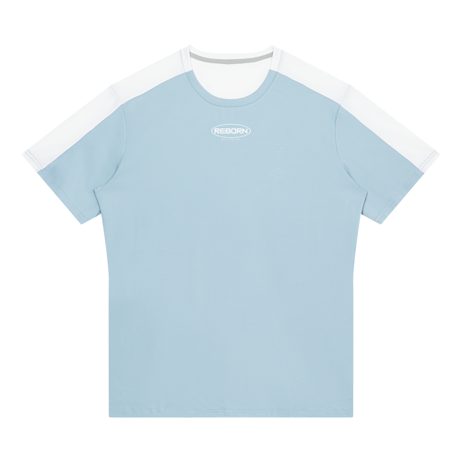 Colour Block Performance Tee in light blue with white shoulders, front view with small Reborn chest logo