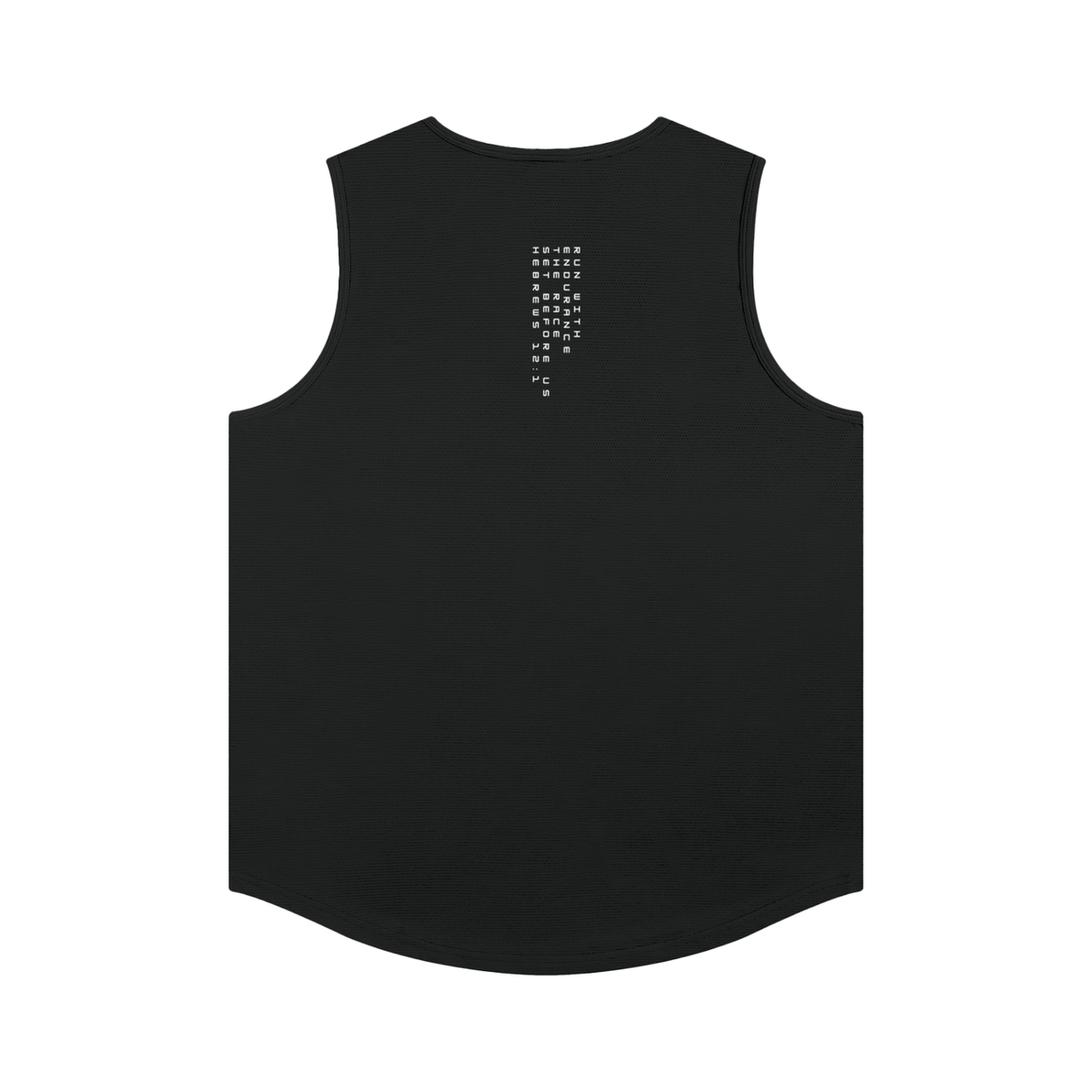 Lightweight Sports Tank in black, back view with small print below the neckline