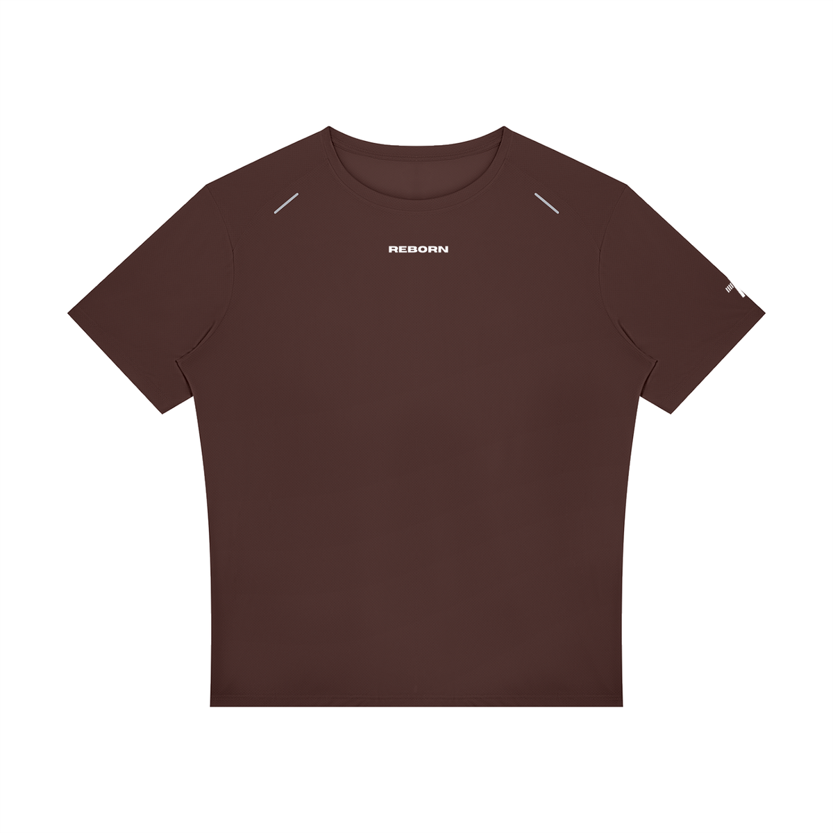 Raglan Reflective Tee in brown, front view with small Reborn chest logo and reflective trims