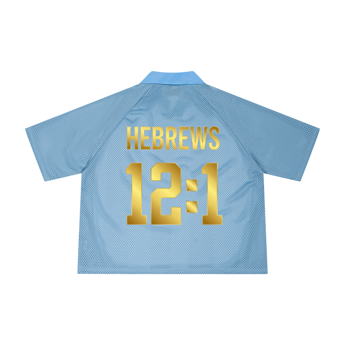 Vintage Mesh Football Jersey in sky blue with white, back view with gold Hebrews 12:1 print