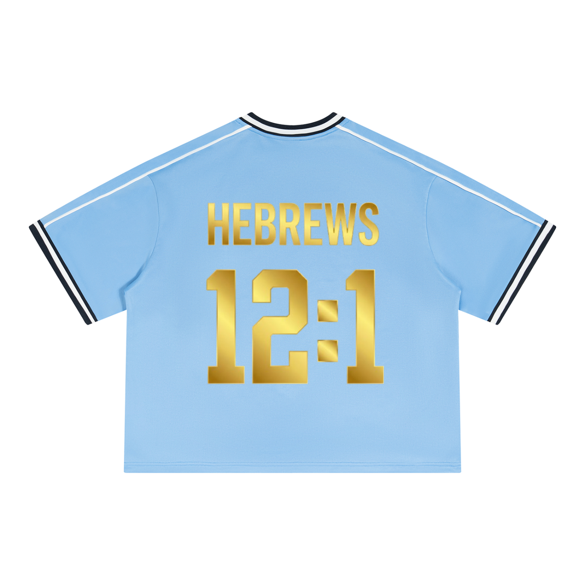 Vintage V-Neck Football Jersey in sky blue with white, back view with gold Hebrews 12:1 print