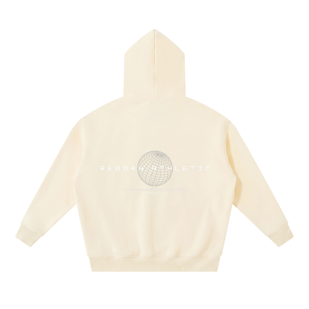 Essential Oversized Hoodie in apricot (cream), back view with globe graphic, Reborn Athletic and Hebrews 12:1 print