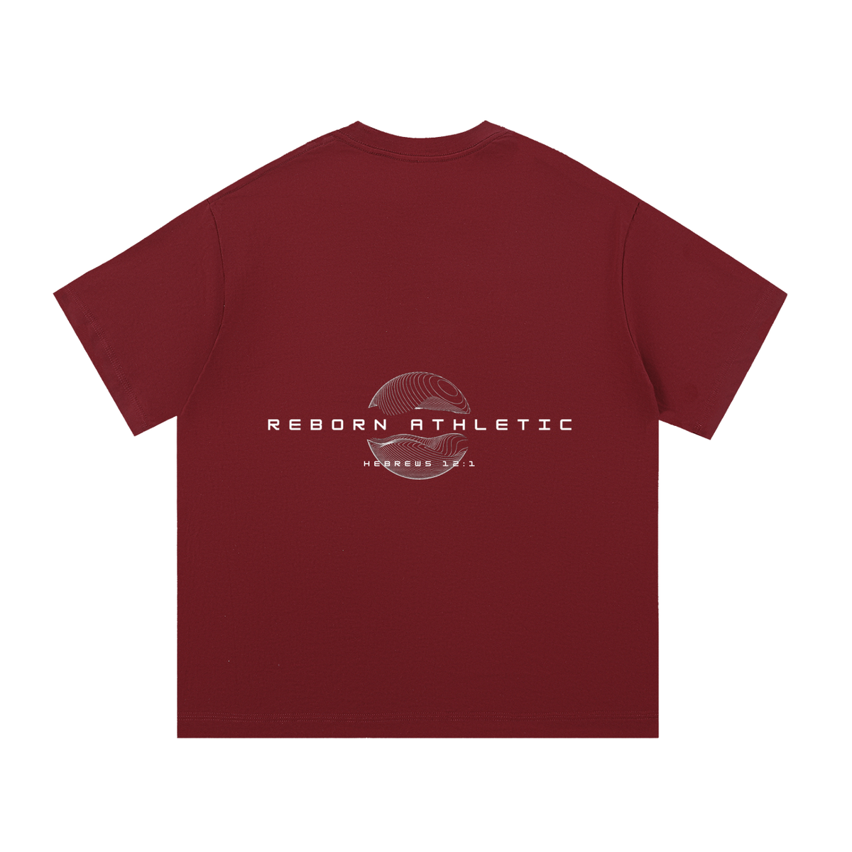 Essential Tee V4 oversized t-shirt in wine red, back view with circular emblem and Reborn Athletic text